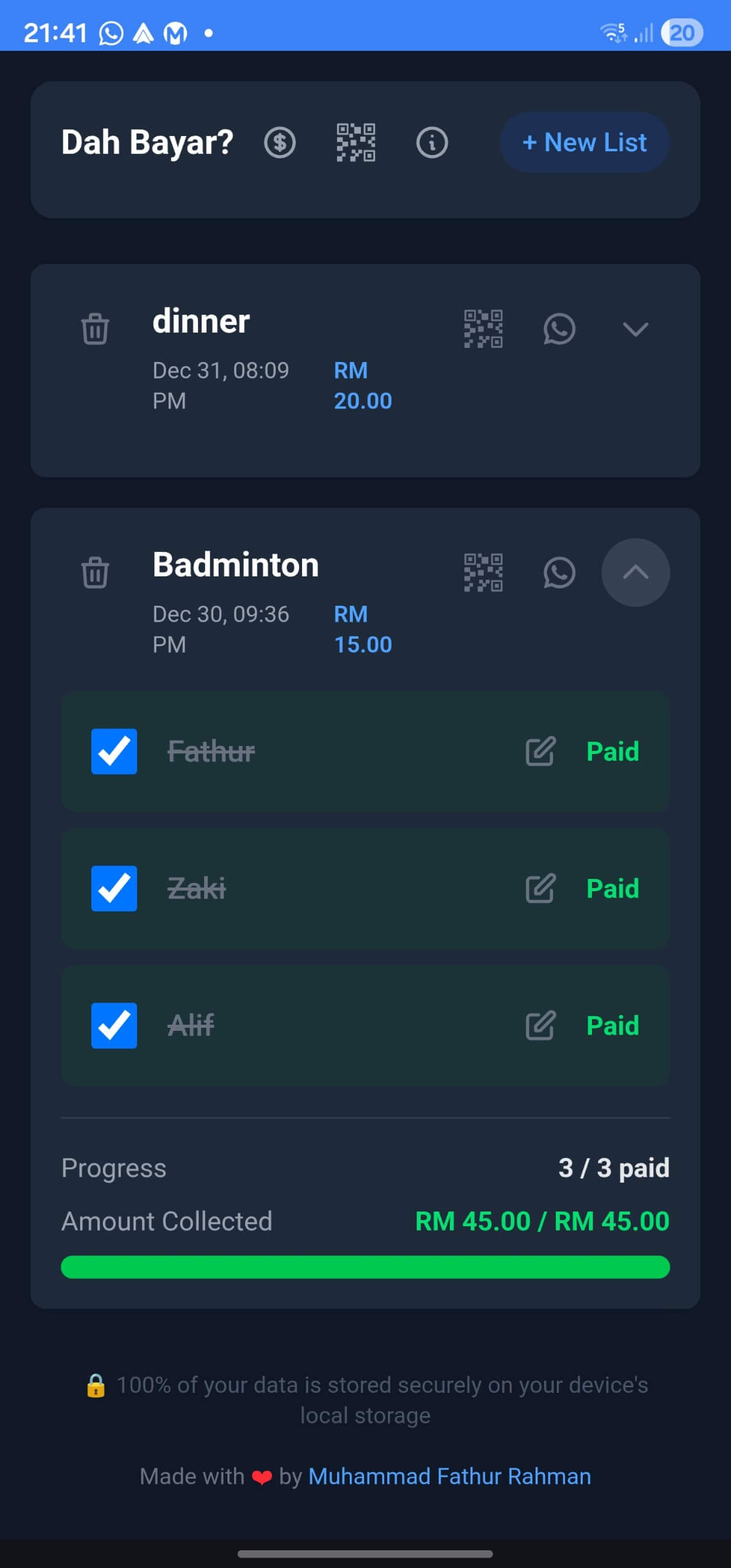 Dah Bayar List Entry