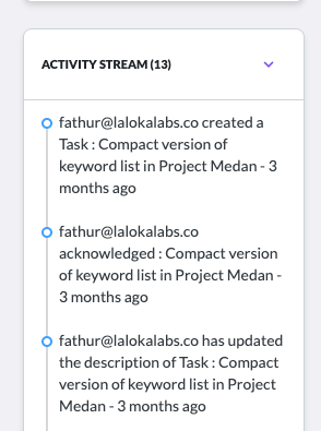 Activity stream showing chronological log of task events