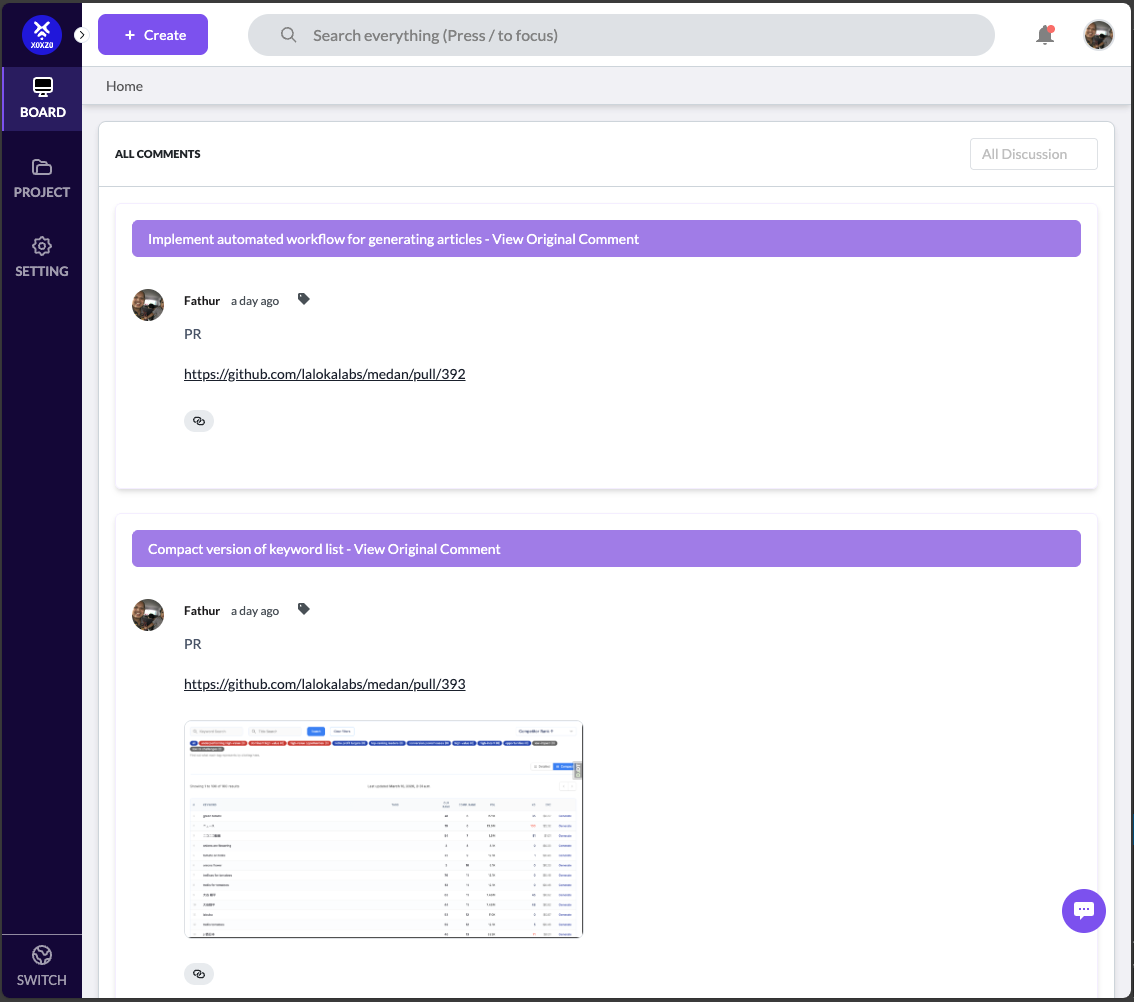 Global discussion stream showing all comments across tasks with PR previews