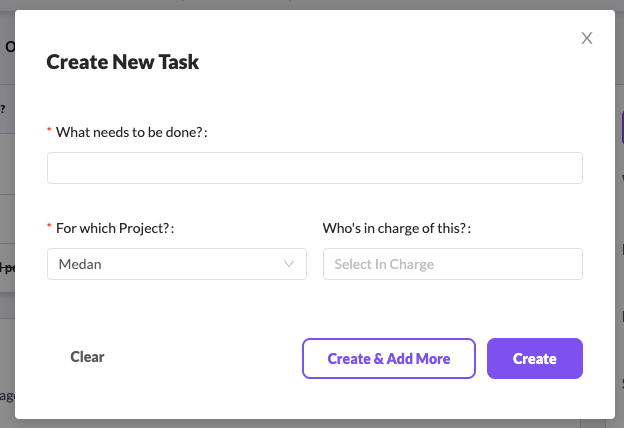 Minimal task creation modal with only essential fields
