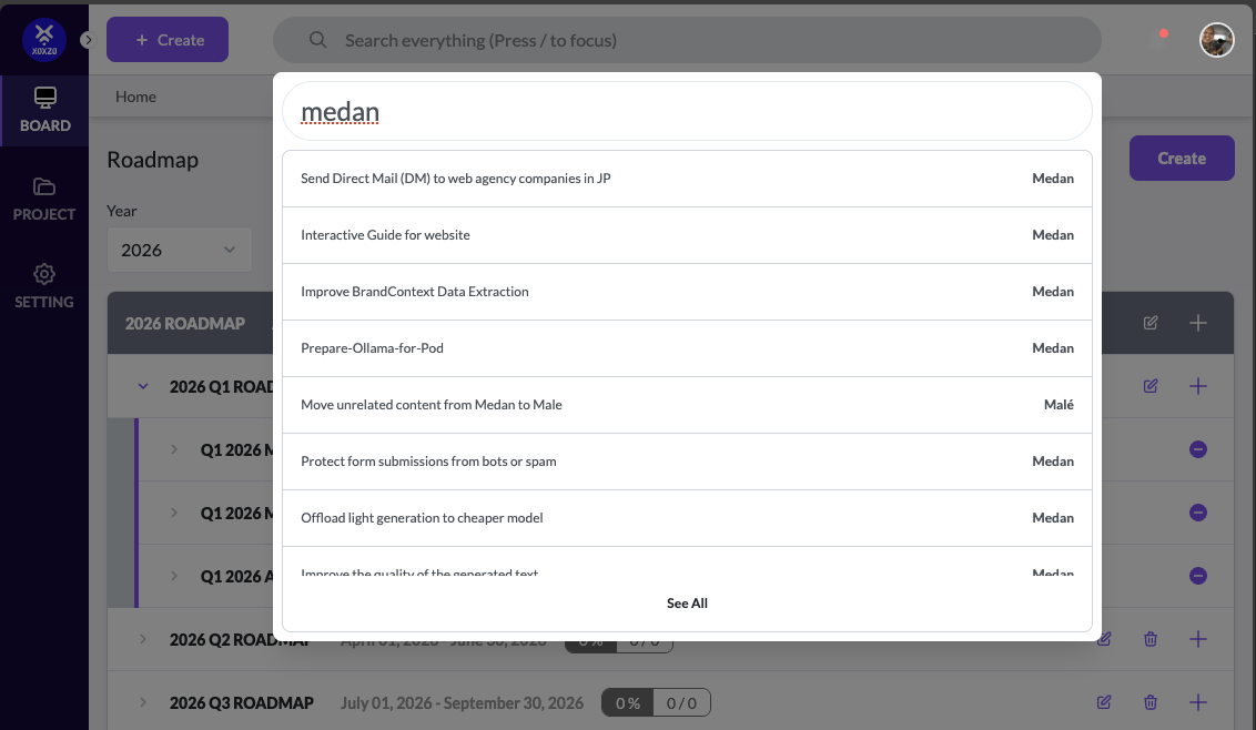Global search overlay filtering tasks across all projects