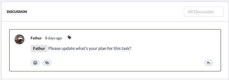 Discussion thread with a comment mentioning a team member