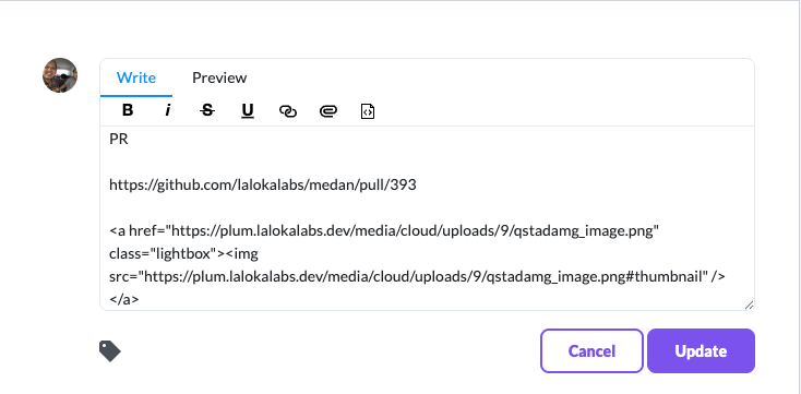 Comment editor with embedded image markup after successful upload
