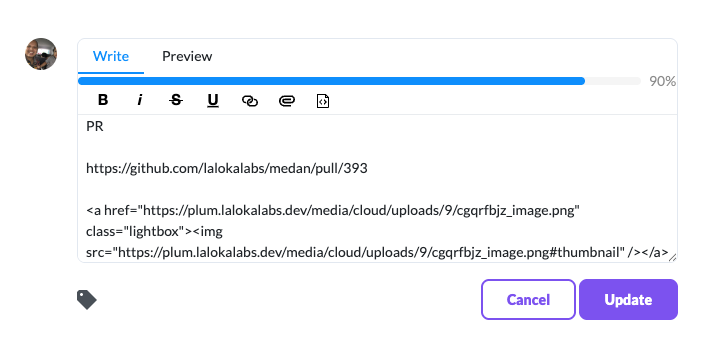 Comment editor showing image upload progress bar at 90%