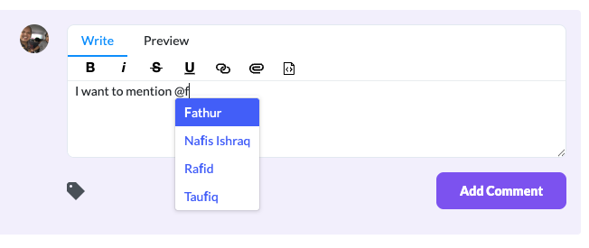 Mention autocomplete dropdown showing team members