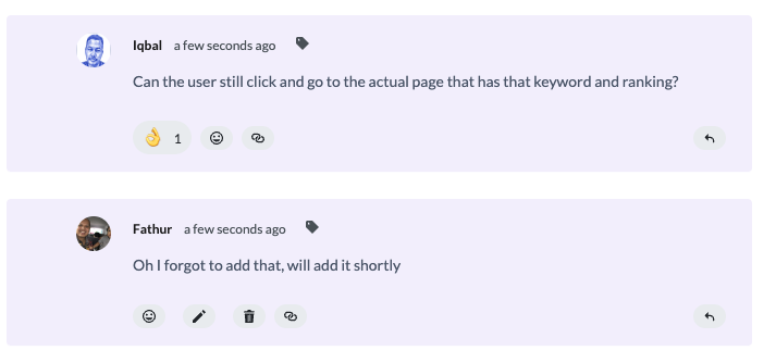 Real-time discussion between team members with emoji reactions and replies