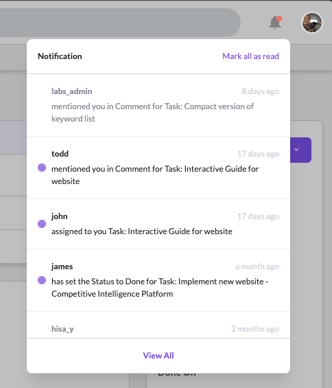Notification dropdown showing mentions, assignments, and status updates