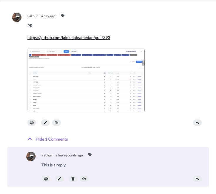 Threaded reply on a discussion comment with PR link and screenshot