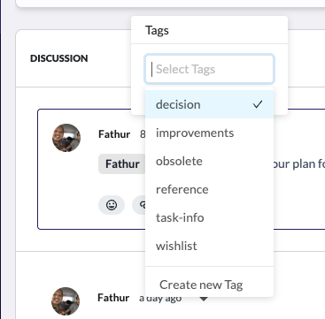 Tags dropdown for categorizing discussion comments