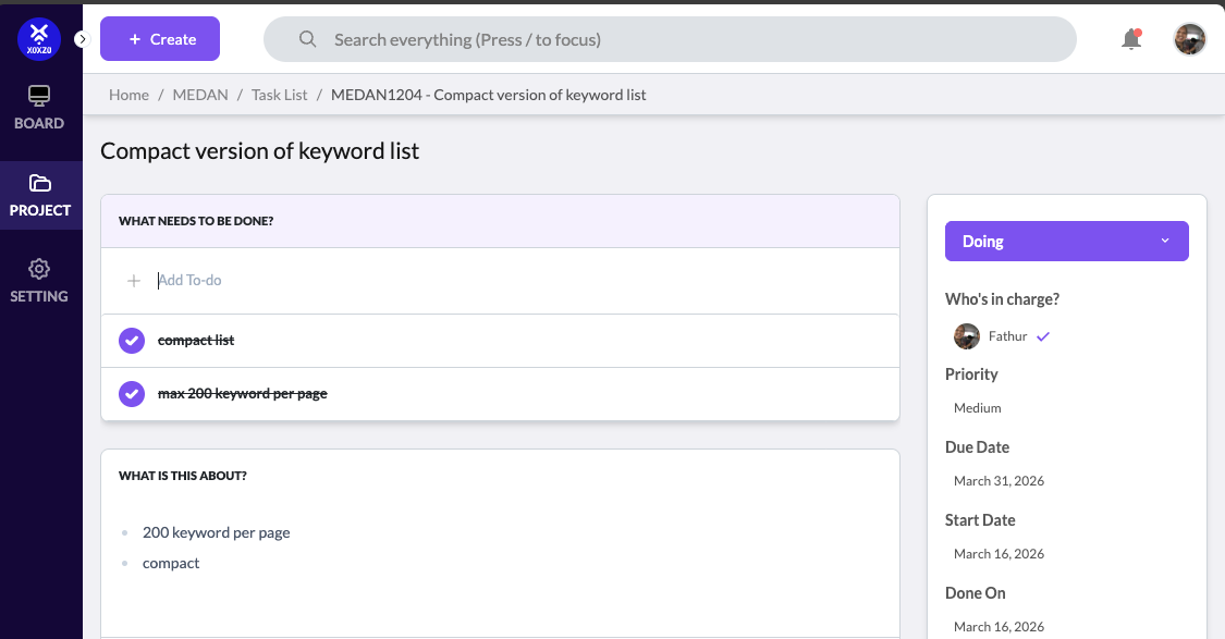 Task detail view with embedded to-do checklist and metadata sidebar