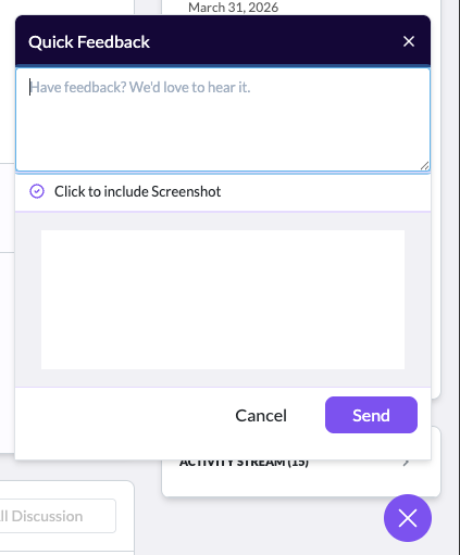 Quick feedback modal with text input and screenshot attachment option