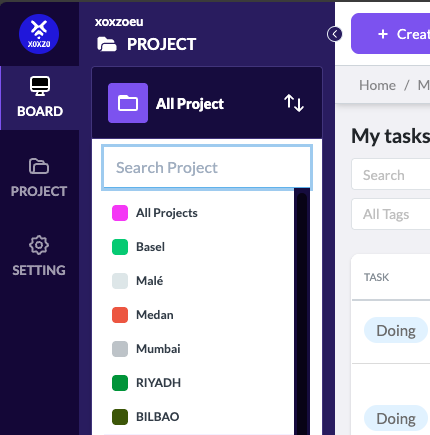 Project switcher showing multiple projects within an organization