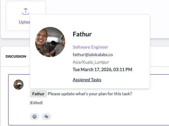 User profile hover card showing role, email, timezone, and activity